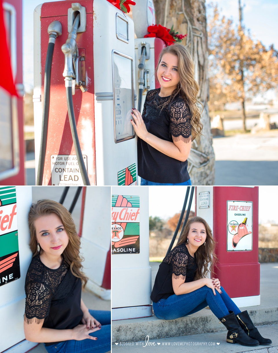 Collage of girl posing at gas stop