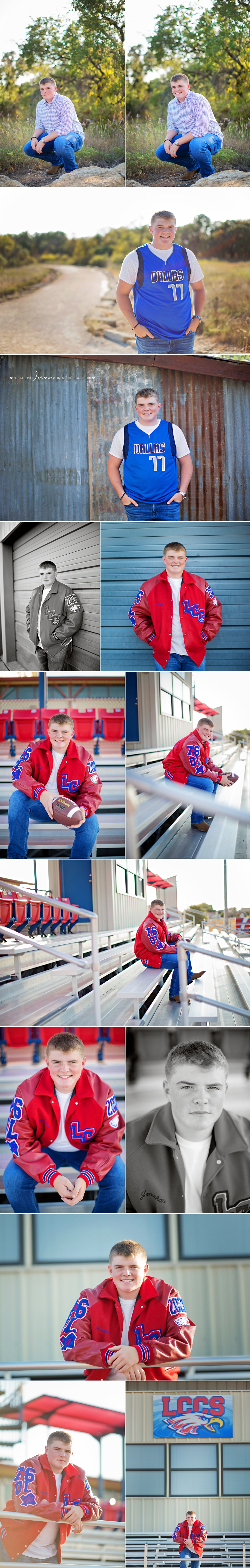 Collage of guy posing in football jacket at highschool