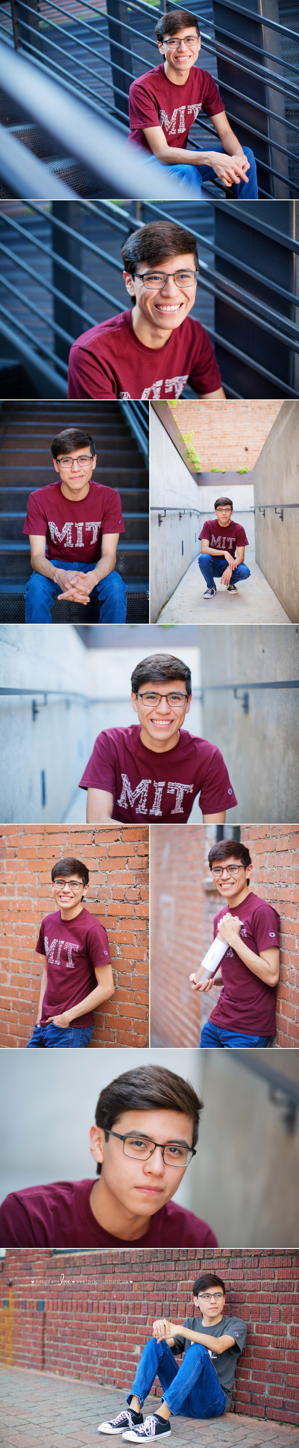 Senior portrait collage of guy posing wearing red MIT shirt of future school