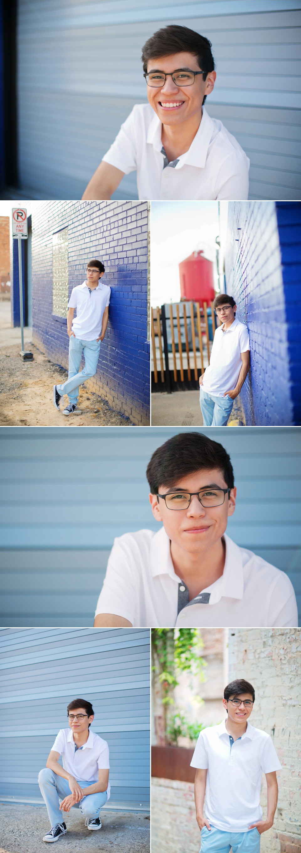 Multiple shots of high school senior posing against textured blue walls