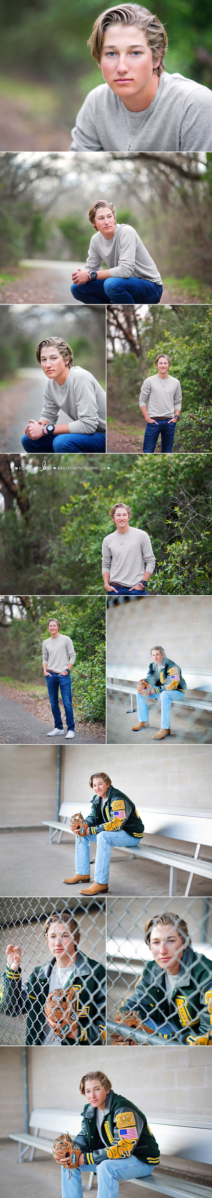 Collage of senior portrait photo session of boy in nature and wearing varsity jacket 