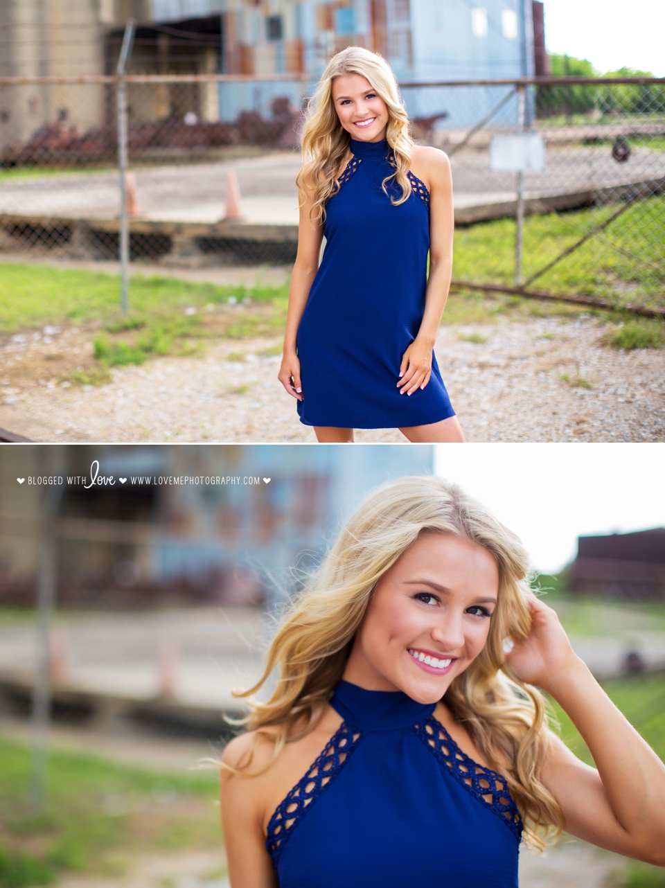 Collage of senior portraits of girl wearing blue dress